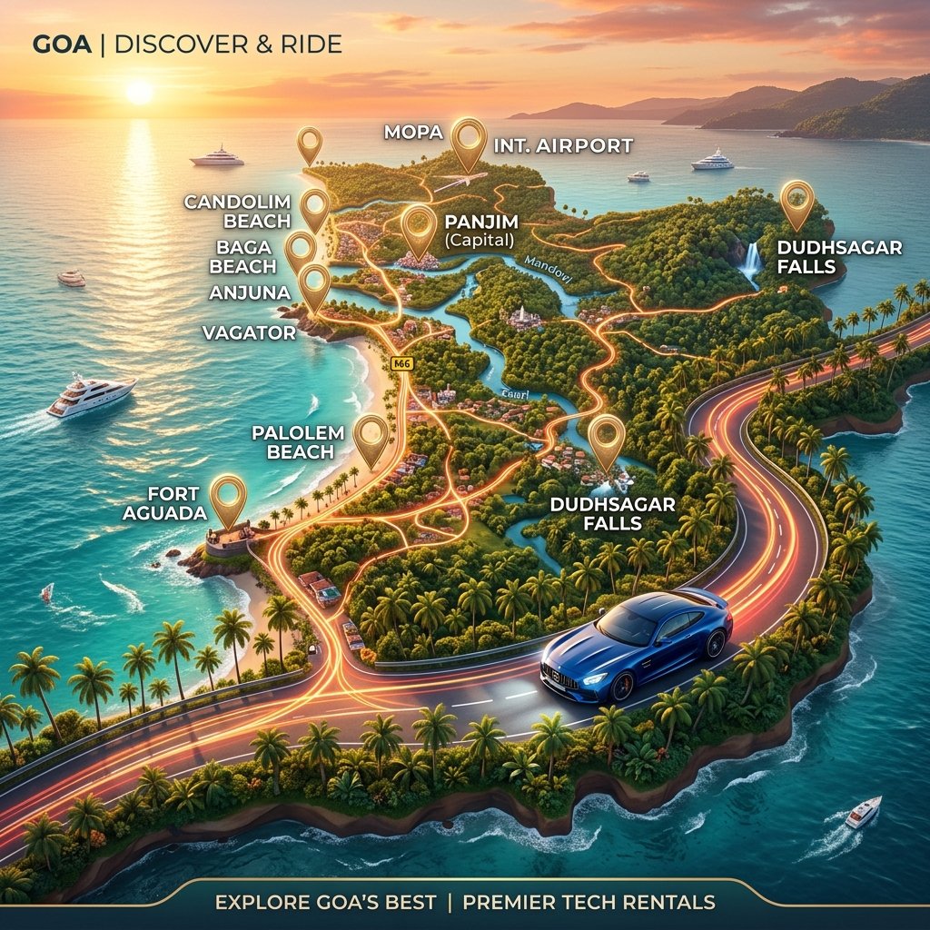 Stylized 3D navigation map of Goa with a luxury rental car and route pins